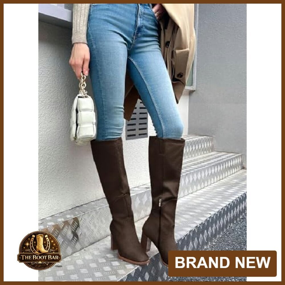 Knee High Boots Square Toe Chunky Heel Side Zipper Faux Suede - Picture 3 of 8